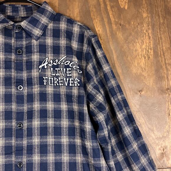 A$$holes Live Fovrever Mens Shirt Navy Beige Plaid Button Down Cotton Blend L - Picture 5 of 12